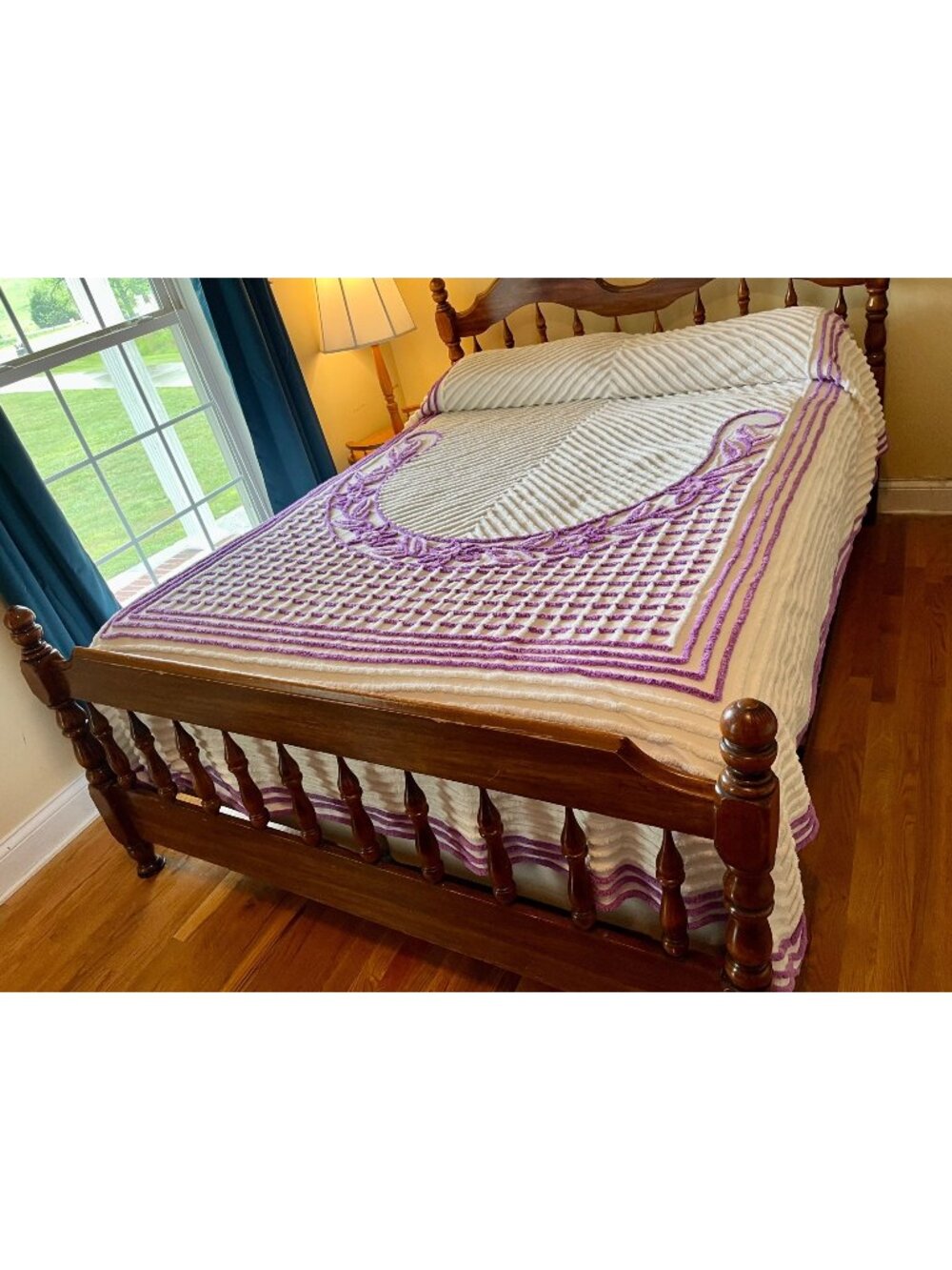 Vintage Chenille Bedspread Full/Queen Purple Floral Pattern Cotton White & Laven